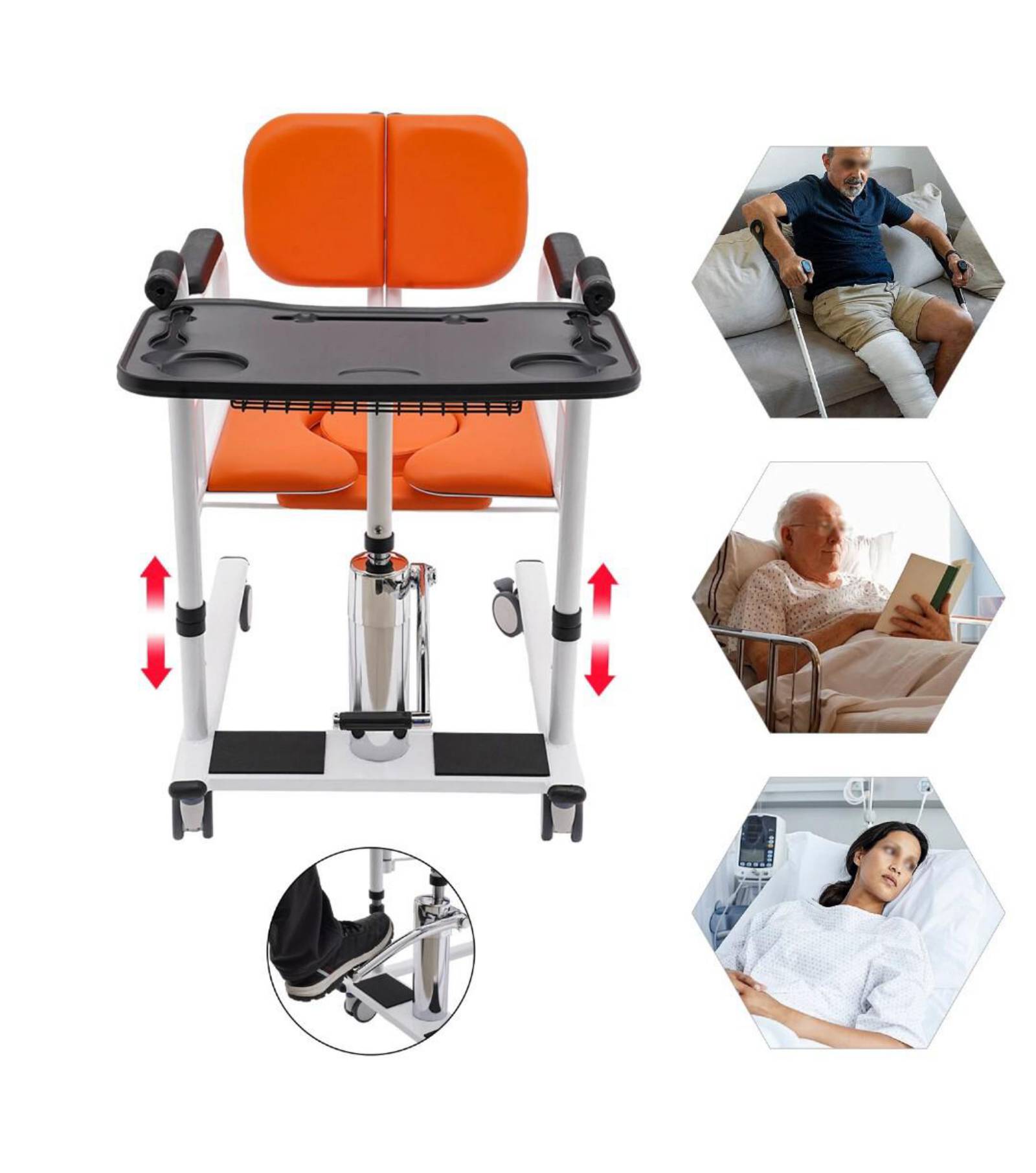 Chaise roulante à levier hydraulique et usage domestique, pour transport personnes âgées ou a mobilité réduite
