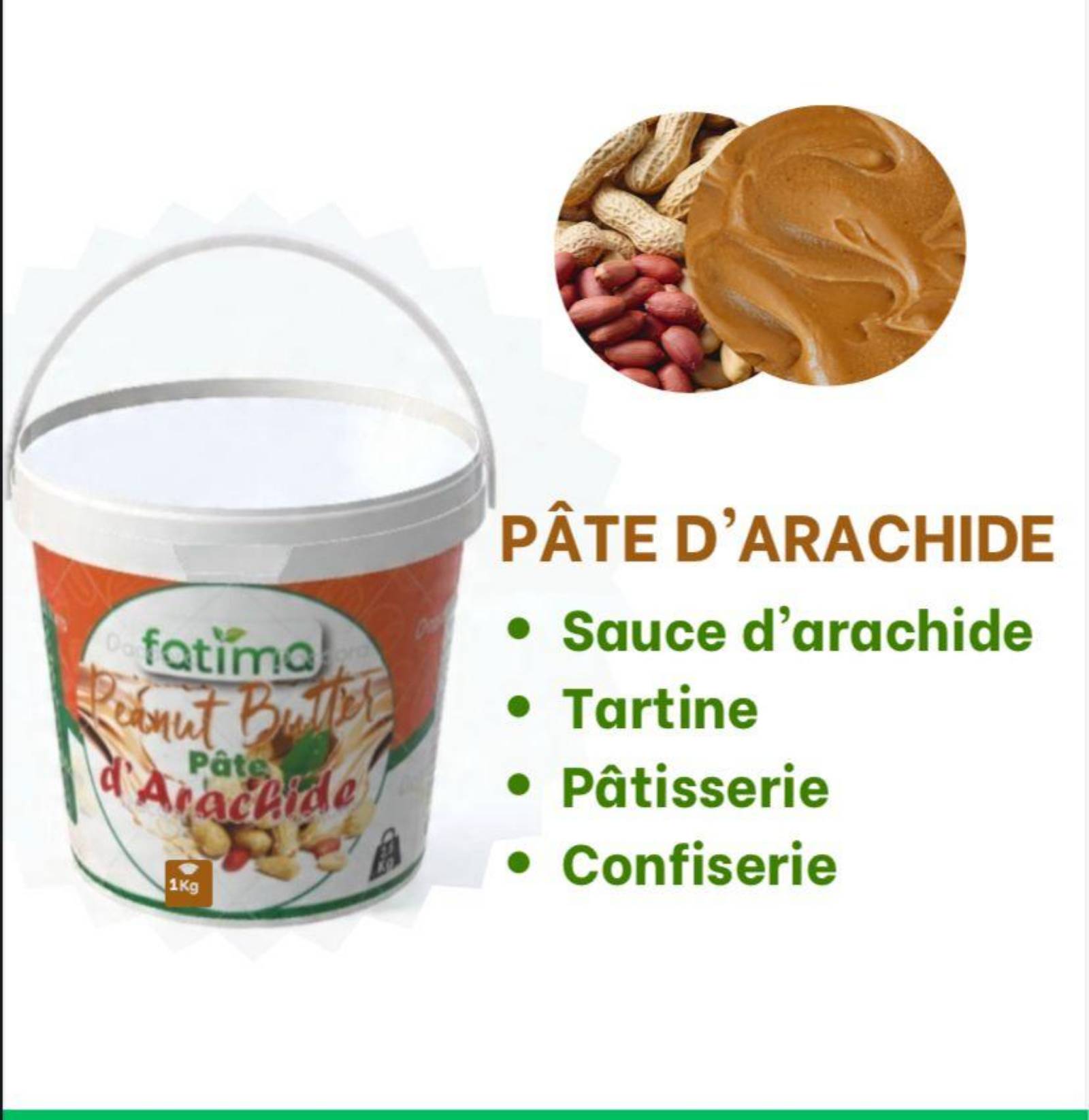 *🥜 PÂTE D’ARACHIDE FATIMA - 1KG à 2800FRS seulement!*
Onctueuse, naturelle et prête à l’emploi pour:
- *Sauce d’arachide*
- *Tartine* petit-déj
- *Pâtisserie & Confiserie*
📍 *Disponible chez*: One Stop Point Distribution Company
📍 *Lieu*: Yao, Chapelle Damas
💰 *Prix*: 2800FRS le pot de 1Kg
Passez vite, le stock part vite!
---